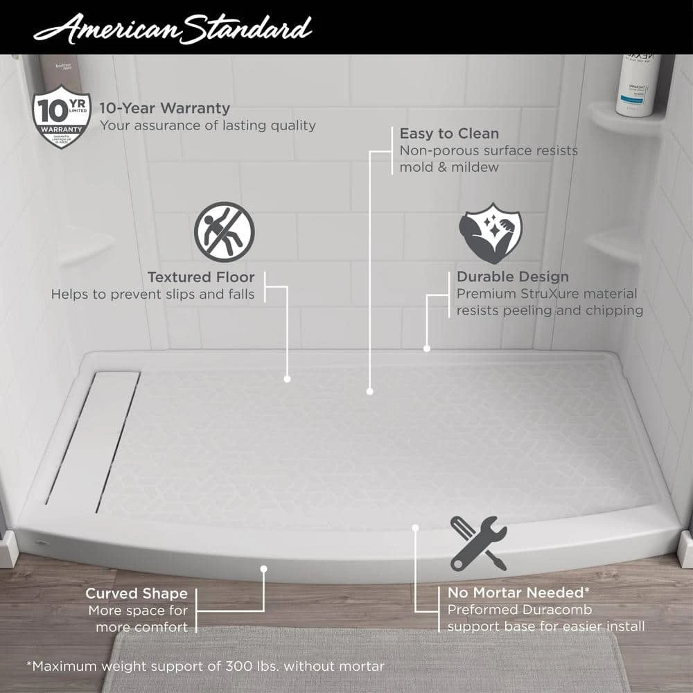 American Standard Ovation Curve 60 In. L X 30 In. W Alcove Shower Pan Base With Left Drain In Arctic White 2 American Standard Ovation Curve 60 In. L X 30 In. W Alcove Shower Pan Base With Left Drain In Arctic White - Image 2