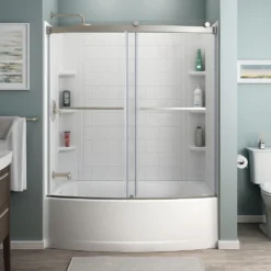 American Standard Ovation Curve 60 In. Left Hand Drain Rectangular Alcove Bathtub With Sliding Frameless Tub Door In Brushed Nickel -The Home Depot brushed nickel american standard alcove bathtubs v2576ldr 295 4f 1000
