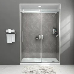 American Standard Passage 60 In. X 72 In. Left Drain 4-Piece Glue-Up Alcove Shower Wall, Shelf, Door And Base Kit In Gray Concrete -The Home Depot gray concrete american standard shower stalls kits p2739lho 372 40 1000
