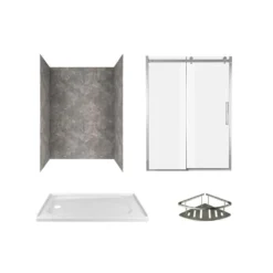 American Standard Passage 60 In. X 72 In. Left Drain 4-Piece Glue-Up Alcove Shower Wall, Shelf, Door And Base Kit In Gray Concrete