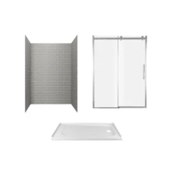 American Standard Passage 60 In. X 72 In. 3-Piece Glue-Up Alcove Shower Wall, Door And Base Kit With Right Hand Drain In Gray Subway Tile