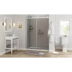American Standard Passage 60 In. X 72 In. Right Drain 4-Piece Glue-Up Alcove Shower Wall, Shelf, Door And Base Kit In Gray Subway Tile -The Home Depot gray subway tile american standard shower stalls kits p2739rho 376 1d 1000