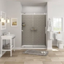 American Standard Passage 60 In. X 72 In. Right Drain 4-Piece Glue-Up Alcove Shower Wall, Shelf, Door And Base Kit In Gray Subway Tile -The Home Depot gray subway tile american standard shower stalls kits p2739rho 376 a0 1000