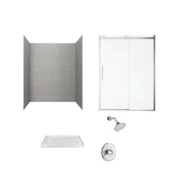 American Standard Passage 60 In. X 72 In. Left Drain 4-Piece Glue-Up Alcove Shower Wall Door Chatfield Shower Kit In Gray Subway Tile