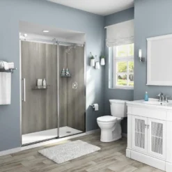 American Standard Passage 60 In. X 72 In. 2-Piece Glue-Up Alcove Shower Wall With Corner Shelf In Gray Timber