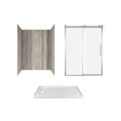 American Standard Passage 60 In. X 72 In. 3-Piece Glue-Up Alcove Shower Wall, Door And Base Kit With Left Drain In Gray Timber