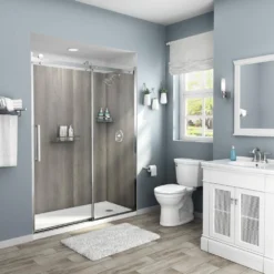 American Standard Passage 60 In. X 72 In. 3-Piece Glue-Up Alcove Shower Wall, Door And Base Kit With Left Drain In Gray Timber -The Home Depot gray timber american standard shower stalls kits p2712lho 373 77 1000