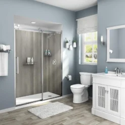 American Standard Passage 60 In. X 72 In. 3-Piece Glue-Up Alcove Shower Wall, Door And Base Kit With Right Drain In Gray Timber -The Home Depot gray timber american standard shower stalls kits p2712rho 373 77 1000