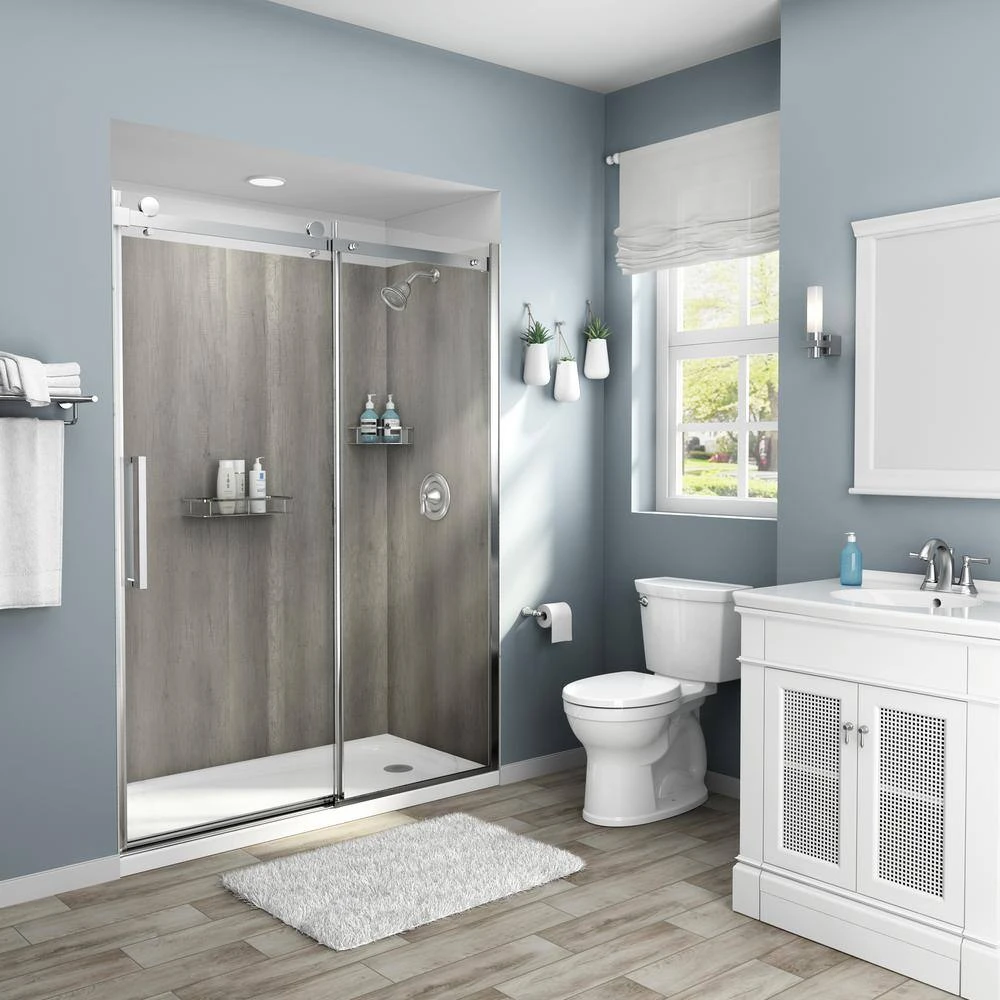 American Standard Passage 60 In. X 72 In. Left Drain 4-Piece Glue-Up Alcove Shower Wall, Shelf, Door And Base Kit In Gray Timber 2 American Standard Passage 60 In. X 72 In. Left Drain 4-Piece Glue-Up Alcove Shower Wall, Shelf, Door And Base Kit In Gray Timber - Image 2