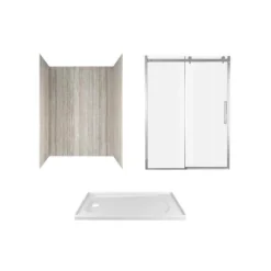 American Standard Passage 60 In. X 72 In. 3-Piece Glue-Up Alcove Shower Wall, Door And Base Kit With Left Drain In Pewter Travertine