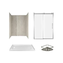 American Standard Passage 60 In. X 72 In. Left Drain 4-Piece Glue-Up Alcove Shower Wall, Shelf, Door And Base Kit In Pewter Travertine