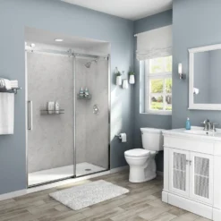 American Standard Passage 60 In. X 72 In. 3-Piece Glue-Up Alcove Shower Wall, Door And Base Kit With Left Drain In Platinum Marble -The Home Depot platinum marble american standard shower stalls kits p2712lho 374 77 1000