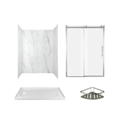 American Standard Passage 60 In. X 72 In. Left Drain 4-Piece Glue-Up Alcove Shower Wall, Shelf, Door And Base Kit In Serene Marble