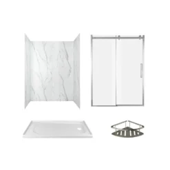 American Standard Passage 60 In. X 72 In. Right Drain 4-Piece Glue-Up Alcove Shower Wall, Shelf, Door And Base Kit In Serene Marble
