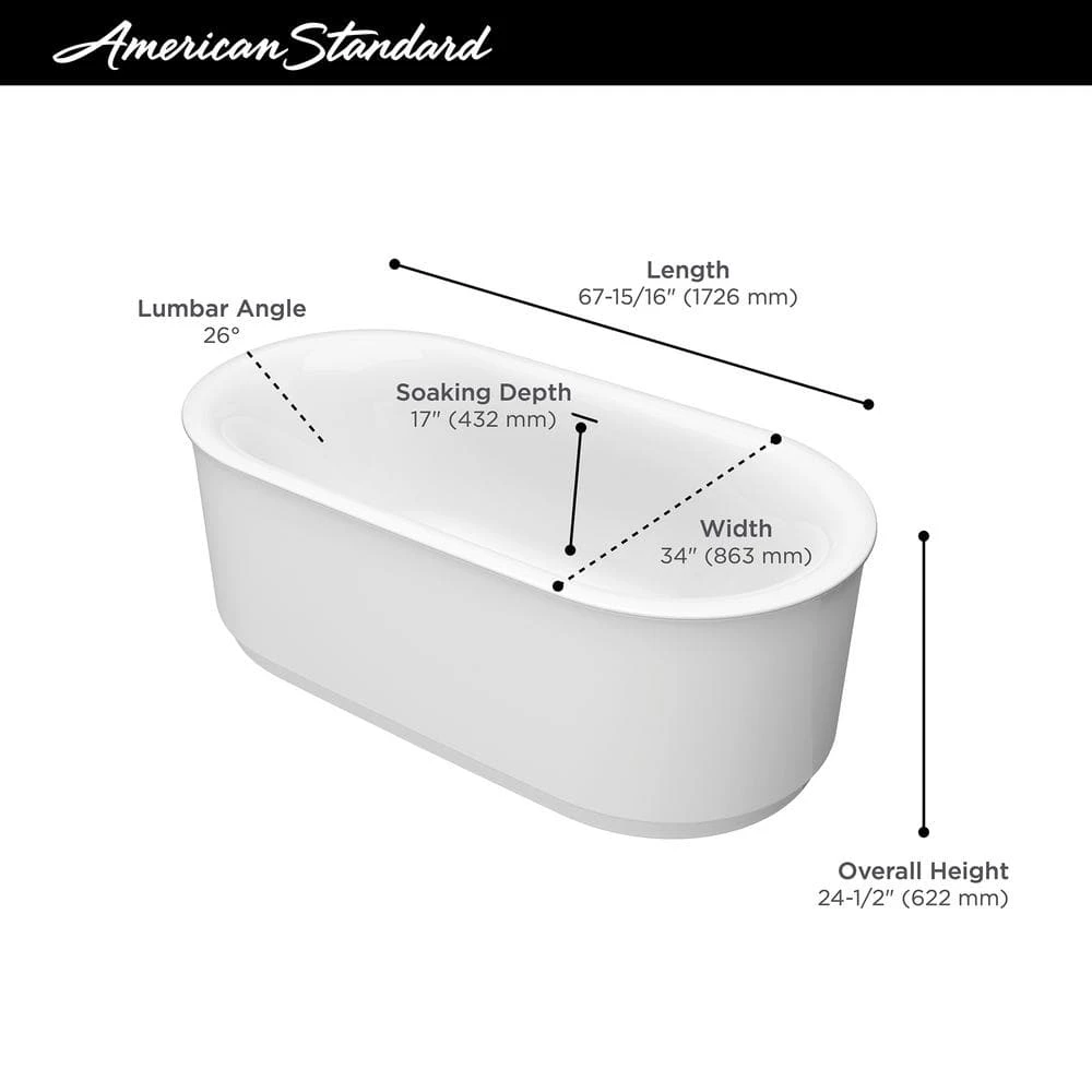 American Standard Studio S 68 In. X 34 In. Soaking Bathtub With Center Hand Drain In White 6 American Standard Studio S 68 In. X 34 In. Soaking Bathtub With Center Hand Drain In White - Image 6