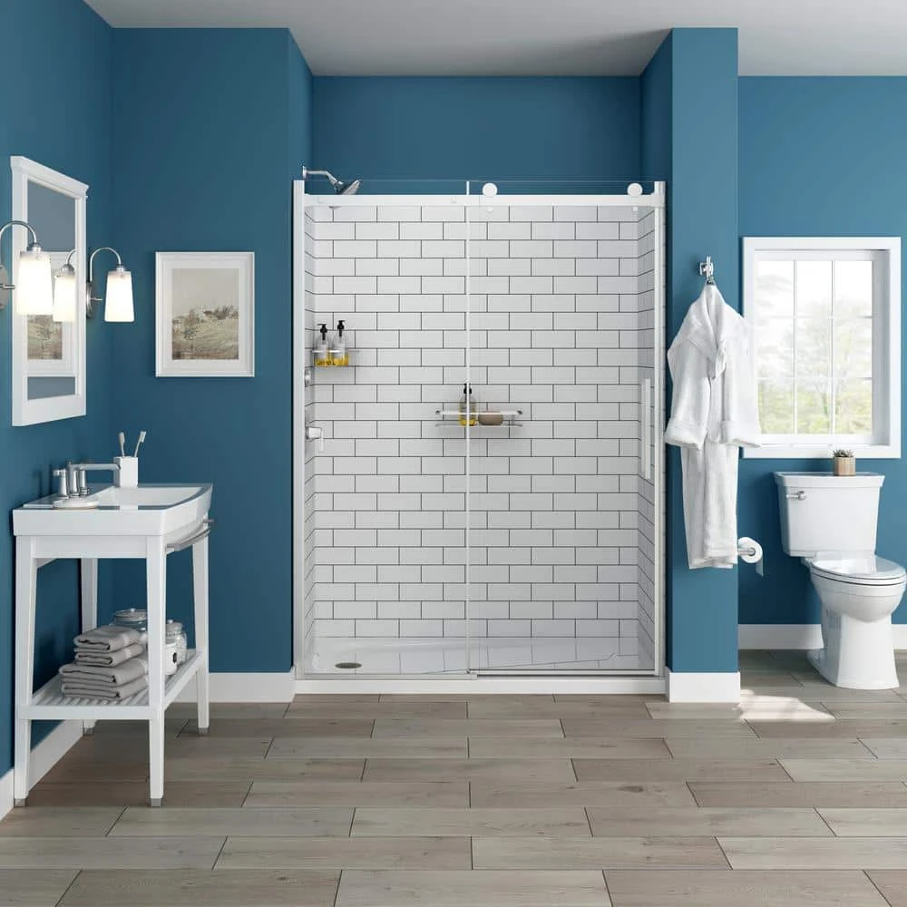 American Standard Passage 60 In. X 72 In. 2-Piece Glue-Up Alcove Shower Wall And Base Kit With Left Hand Drain In White Subway Tile 1 American Standard Passage 60 In. X 72 In. 2-Piece Glue-Up Alcove Shower Wall And Base Kit With Left Hand Drain In White Subway Tile
